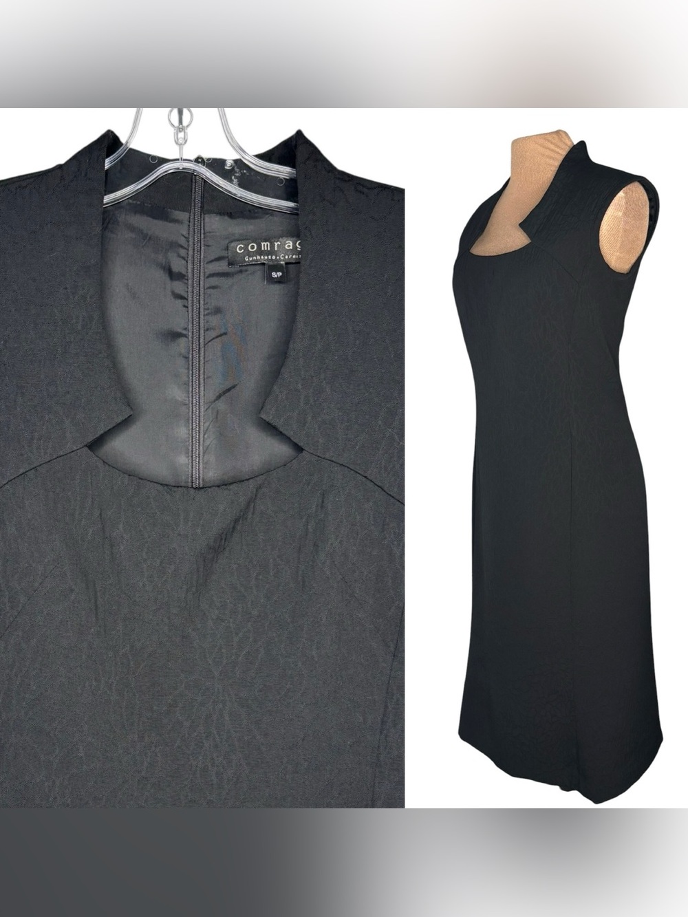 COMRAGS Black wool brocade Sleeveless Dress Sculpted Neckline sz.Small tailored